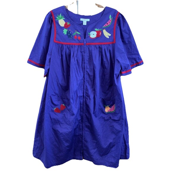 Go Softly Patio Dress Purple Embroidered Pockets 1X Fruit Muumuu Full Zip - Picture 11 of 11